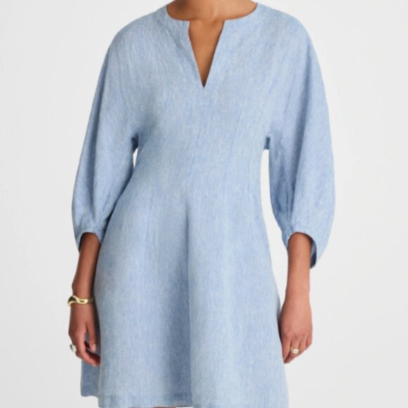 NWT Madewel Splitneck Mini Dress in 100% Linen-sunfaded blue - Picture 1 of 2